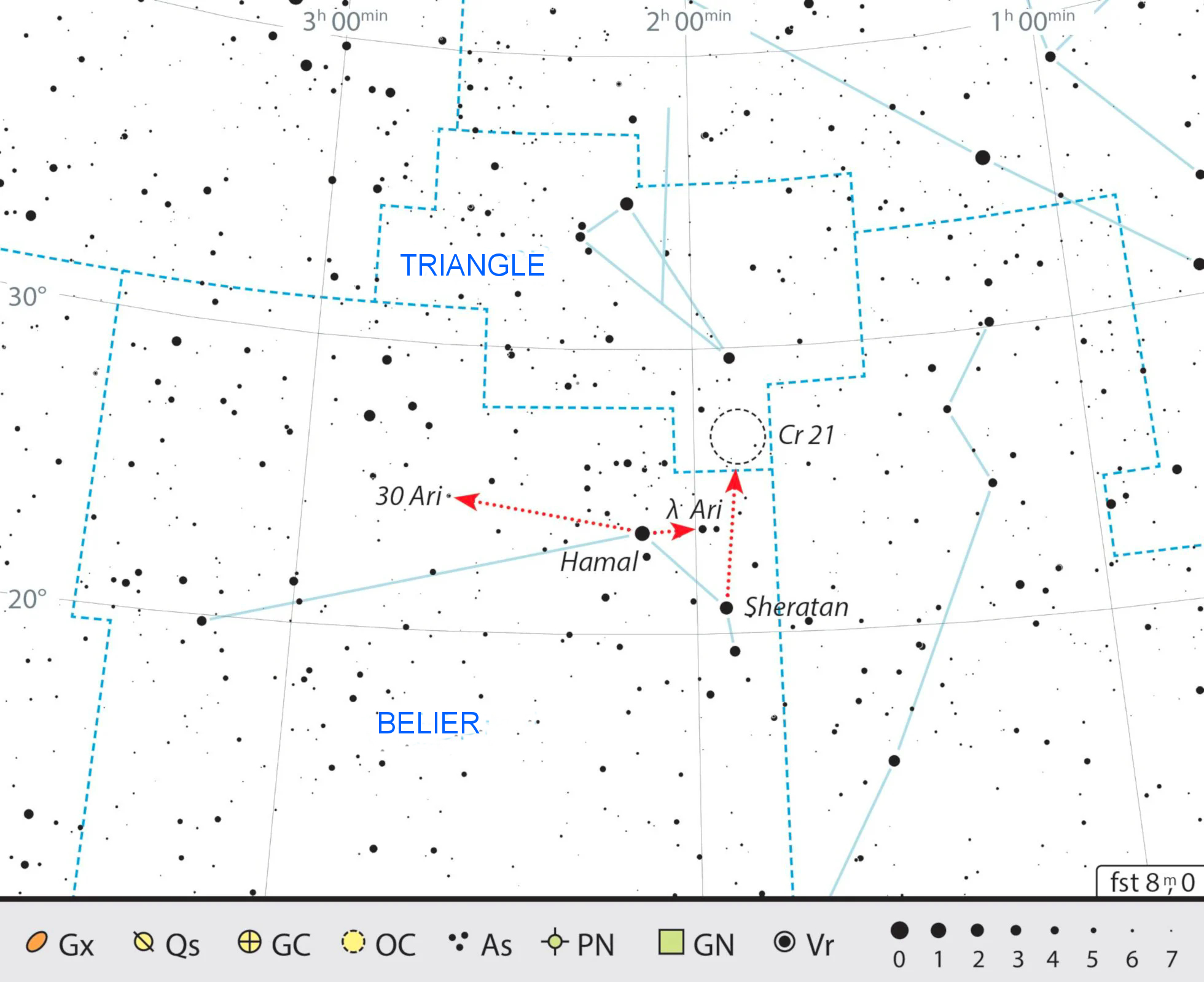 Les objets de l’escapade jumelles en mains, qui nous fait non seulement traverser la constellation du Bélier, mais encore entrer dans la constellation du Triangle. J. Scholten